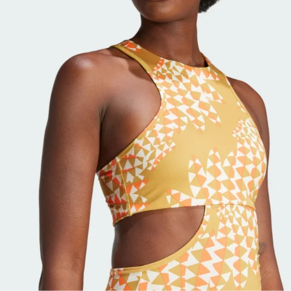 NWT FARM Rio Victory Gold Abstract Wave Print Midi Dress Adidas Collab - Picture 4 of 7